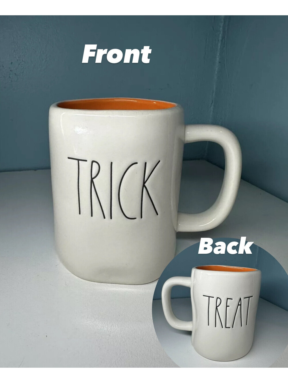 Rae Dunn Trick Treat Two Sided Artisian Collection Mug White/Orange EUC